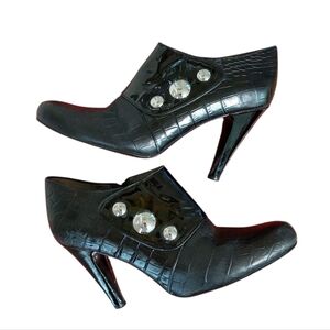 Jon Josef Elegant Black Heels with Embellishments Croc Embossed Shootie